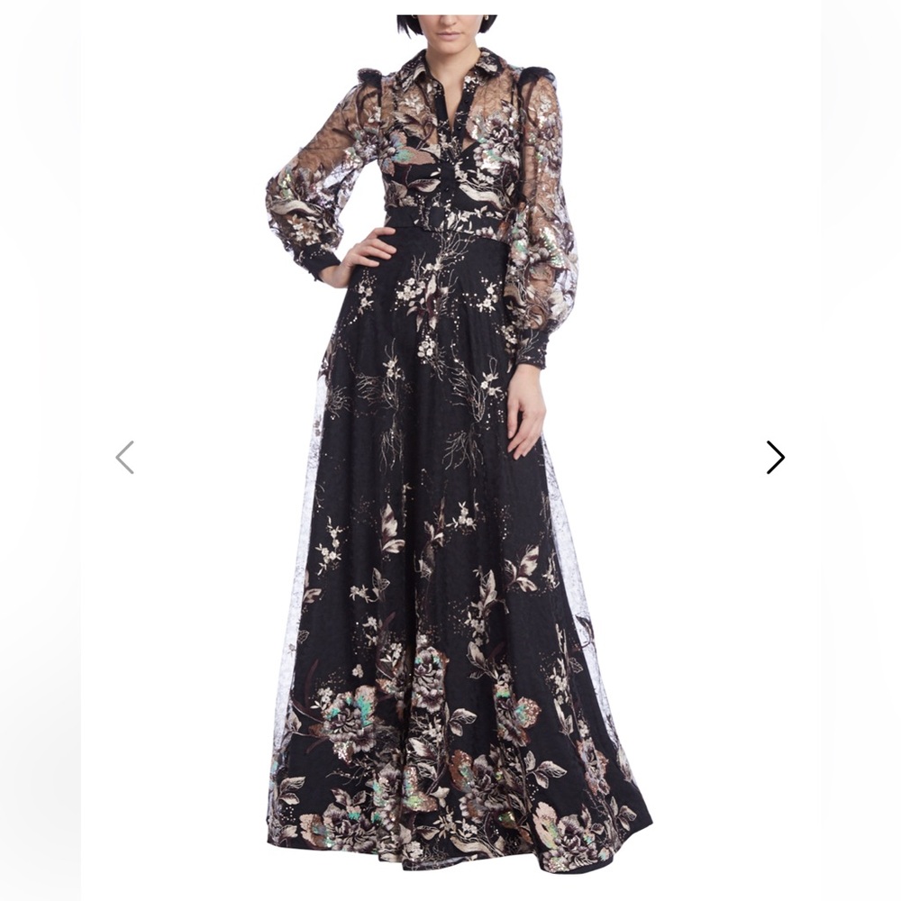 Badgley Mischka Black embroidered and embellished dress with belt. US6